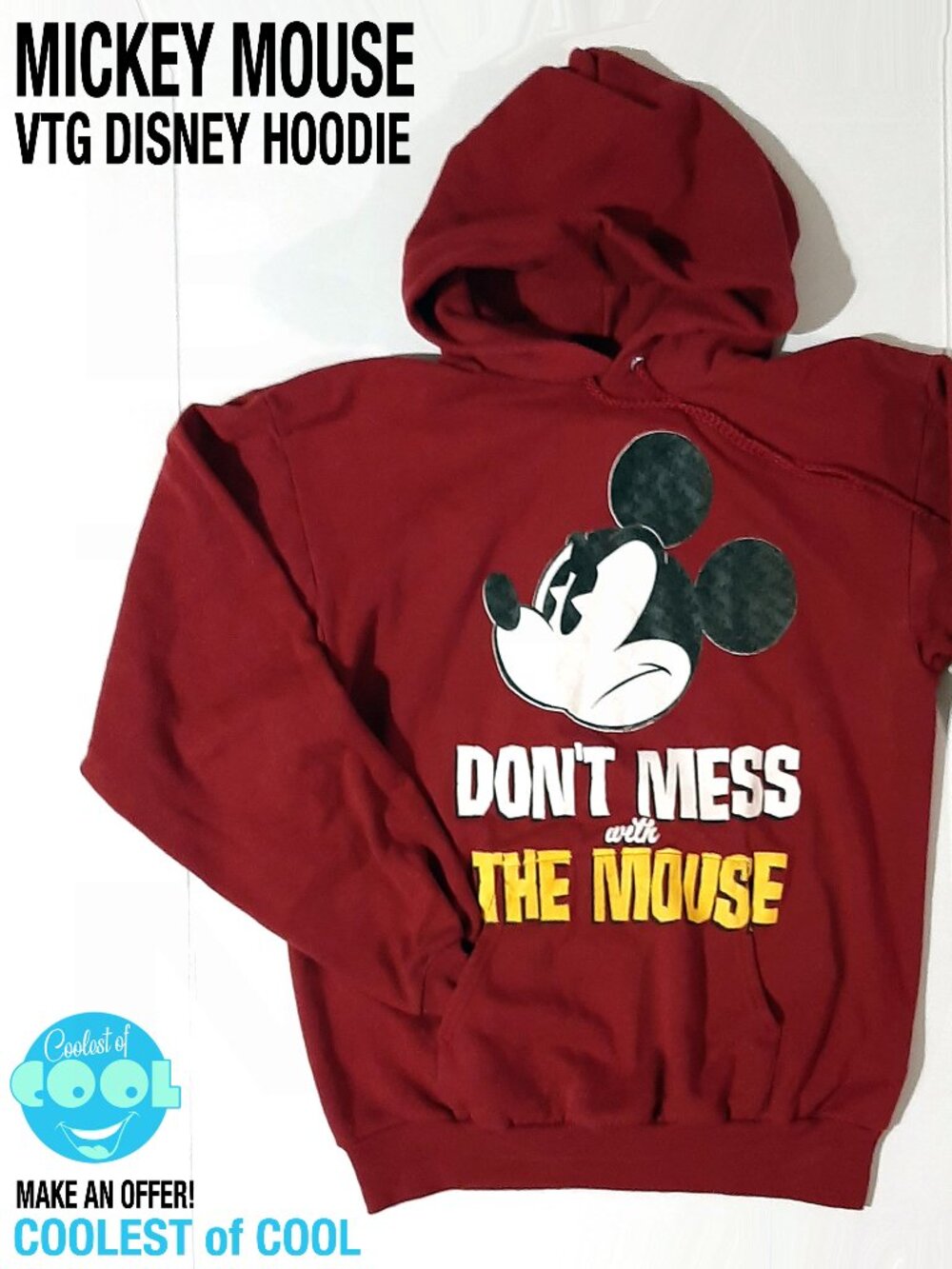 Vintage 90s Disney Don't Mess With the Mouse Mickey Hoodie Sweatshirt burgundy